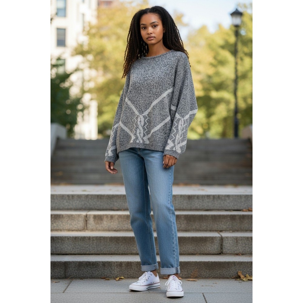 Vtg Castle Square knit sweater Sz M silver Grunge 80s 90s unisex allover pattern